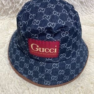 Gucci Denim Monogram Bucket Hat with Red Patch